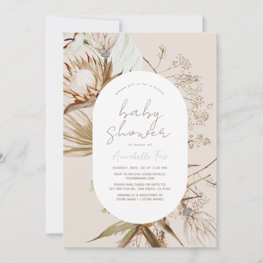 Boho Botanical Beige Virtual Baby shower Kaart (Voorkant)