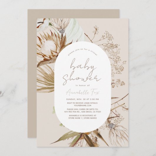 Boho Botanical Beige Virtual Baby shower Kaart (Voorkant / Achterkant)