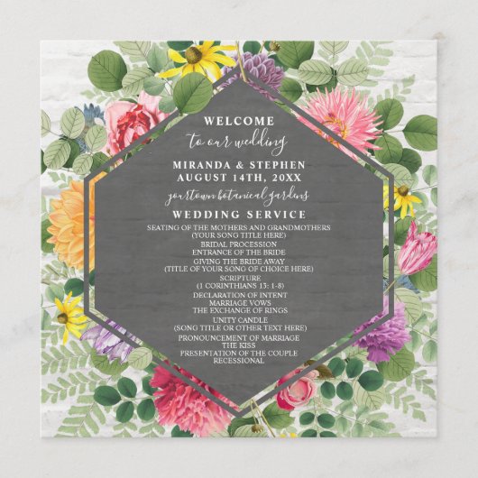 Boho Botanical Brick Wildflower Wedding Program Programmakaart (Voorkant)