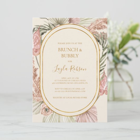 Boho Botanical Dusty Roos Brunch en Bubble Shower Kaart (Staand voorkant)