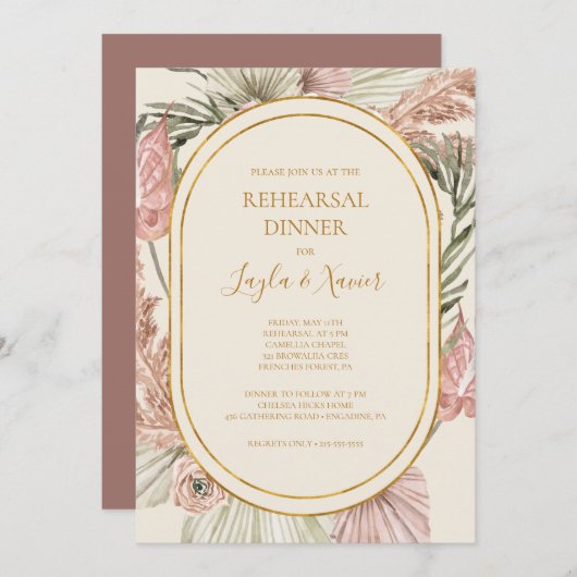 Boho Botanical | Dusty Roos Rehearsal Dinner Kaart (Voorkant / Achterkant)