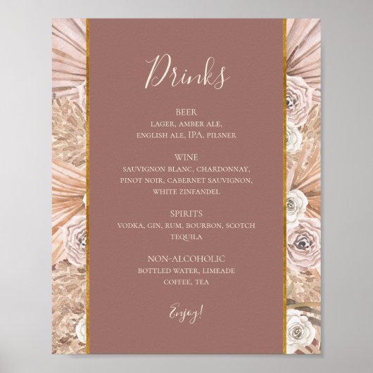 Boho Botanical Dusty Roos Wedding Drink Menu Sign Poster (Voorkant)