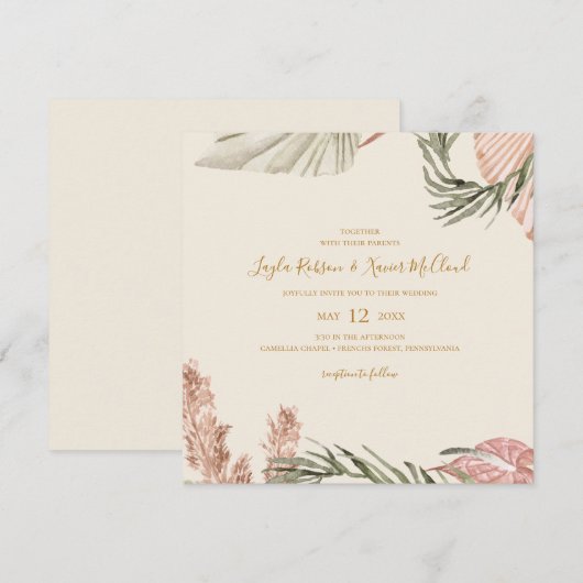 Boho Botanical | Eenvoudig Ivory Square Weddenscha Kaart (Voorkant / Achterkant)