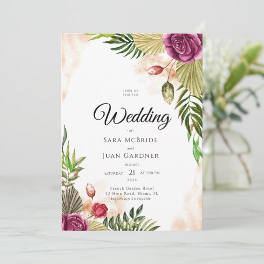 Boho Botanical Elegance Wedding Invitation Kaart (Staand voorkant)