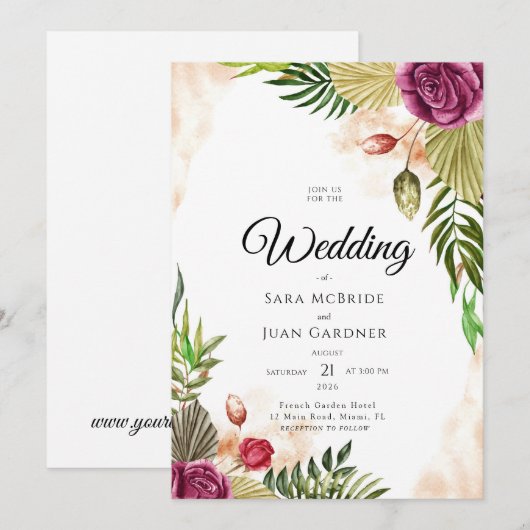 Boho Botanical Elegance Wedding Invitation Kaart (Voorkant / Achterkant)