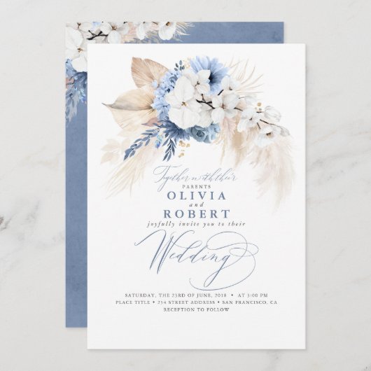 Boho Botanical Floral Modern Dusty Blue Wedding Kaart (Voorkant / Achterkant)
