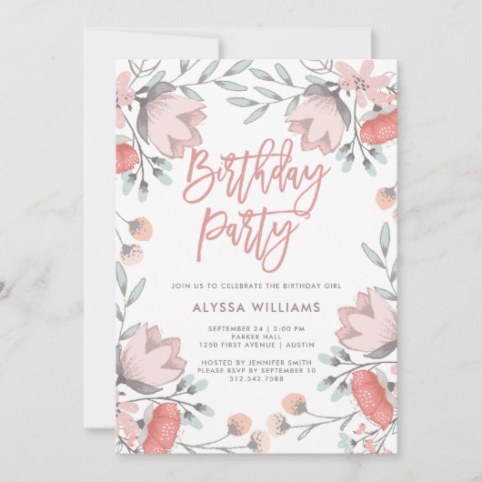 Boho Botanical Flowers Birthday Party Invitation Kaart (Voorkant)