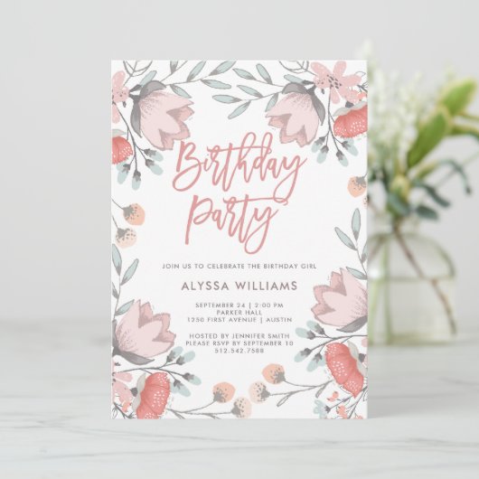 Boho Botanical Flowers Birthday Party Invitation Kaart (Staand voorkant)