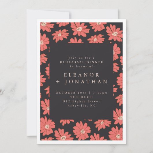 Boho Botanical Flowers Black Red Rehearsal Dinner Kaart (Voorkant)