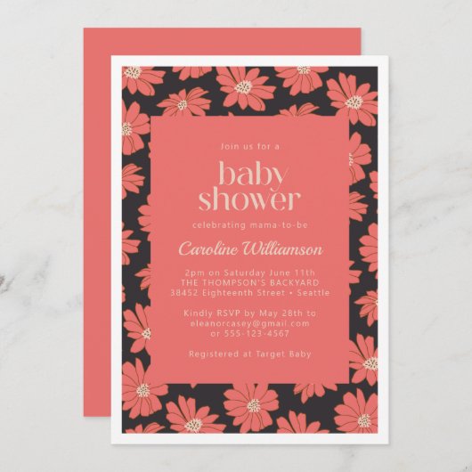 Boho Botanical Flowers Navy Red Baby shower Kaart (Voorkant / Achterkant)