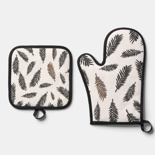 Boho Botanical Leaf Oven Mitt & Pot Houder Ovenwant & Pannenlap Set (Voorkant)