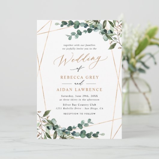 Boho Botanical Modern Greenery Gold Wedding Kaart (Staand voorkant)