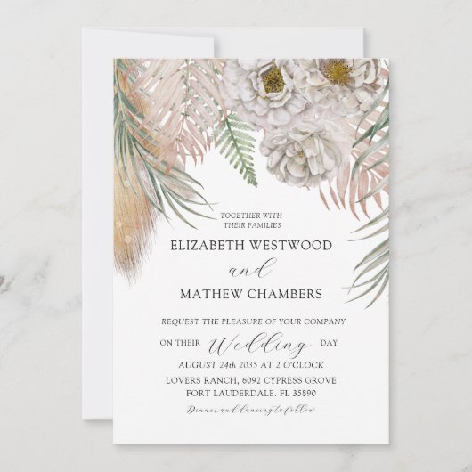 Boho Botanical Pampas Grass Wedding Invitation Kaart (Voorkant)