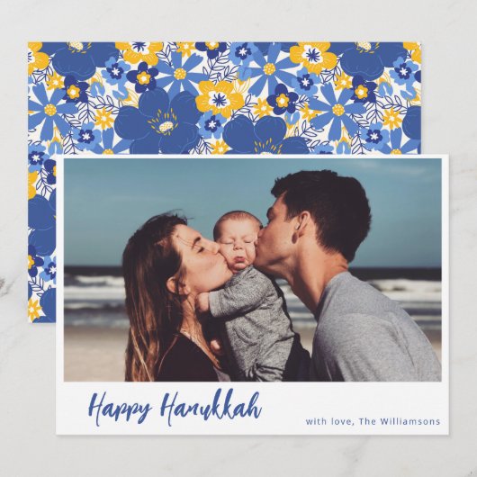 Boho Botanical Simple Script Photo Happy Hanukkah Feestdagenkaart (Voorkant / Achterkant)