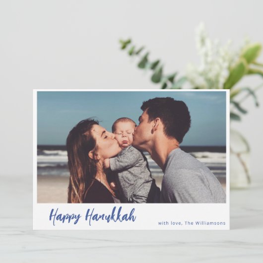 Boho Botanical Simple Script Photo Happy Hanukkah Feestdagenkaart (Staand voorkant)