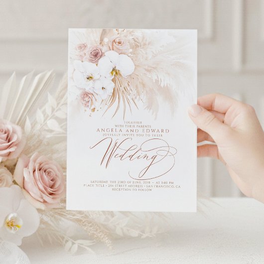 Boho Botanical White Orchids Pampas Grass Wedding Kaart