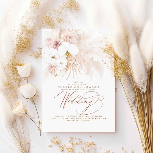 Boho Botanical White Orchids Pampas Grass Wedding Kaart