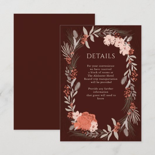 Boho Botanicals Brown en Cream Wedding Details Informatiekaartje (Voorkant / Achterkant)