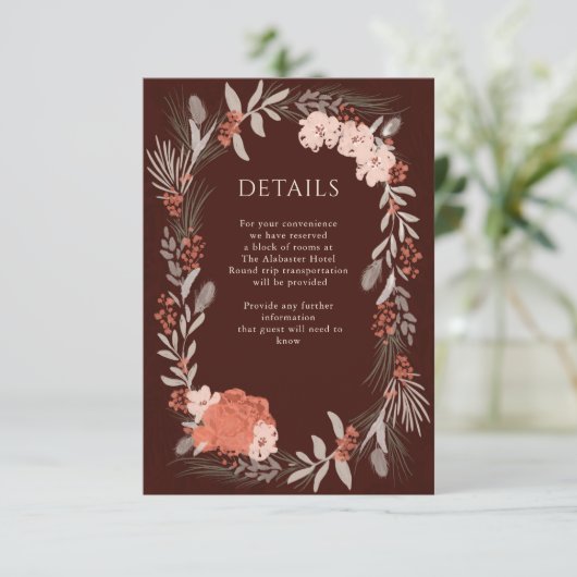 Boho Botanicals Brown en Cream Wedding Details Informatiekaartje (Staand voorkant)
