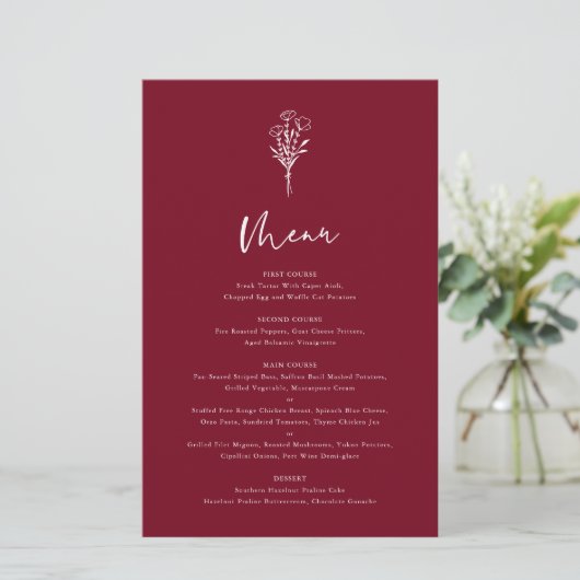 Boho Botanicals Burgundy Wedding Menu Kaart (Staand voorkant)