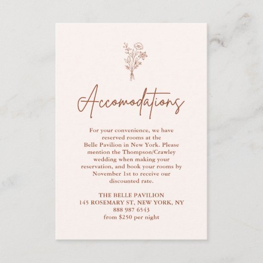 Boho Botanicals Terracotta Wedding Accommodations Informatiekaartje (Voorkant)