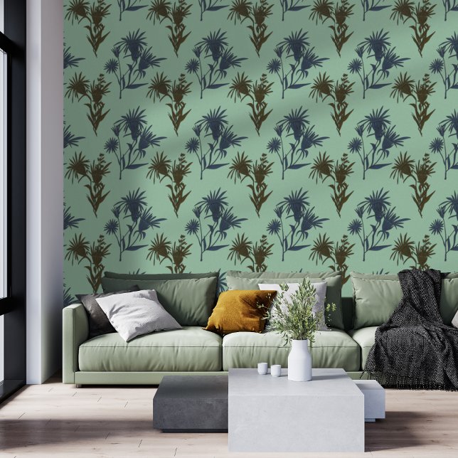 Boho Botanisch Bloempatroon Blauw Munt Behang (Creator heeft geüpload)