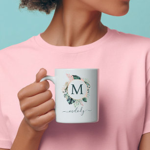 Boho Botanisch Monogram - Groen - Wit Koffiemok