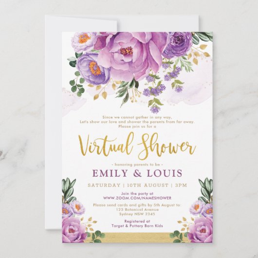 Boho Botanisch Paars Floral Virtueel Baby shower Kaart (Voorkant)