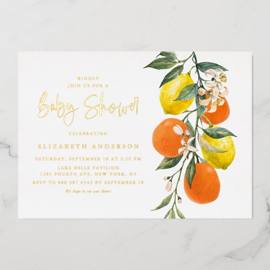 Boho Botanisch Sinaasappel en Lemon Baby shower Folie Uitnodiging (Voorkant)