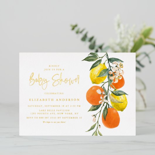 Boho Botanisch Sinaasappel en Lemon Baby shower Folie Uitnodiging (Staand Voorkant)