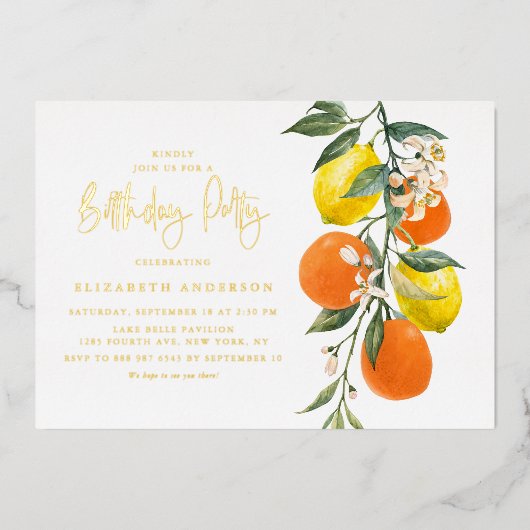 Boho Botanisch Sinaasappel en Lemon Birthday Party Folie Uitnodiging (Voorkant)