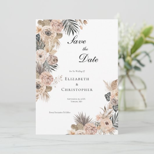Boho Botanische Bloemen Beige Roze Bruiloft Save The Date (Staand voorkant)