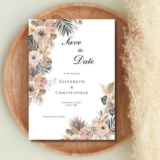 Boho Botanische Bloemen Beige Roze Trouw Save The Date