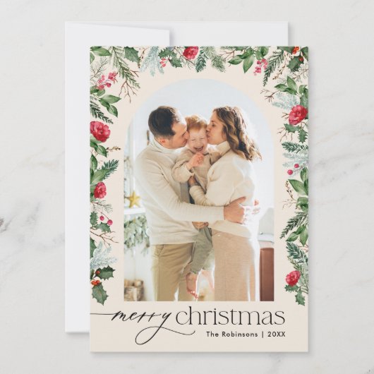 Boho botanische boog 1 foto Vrolijk kerstfeest Feestdagenkaart (Voorkant)