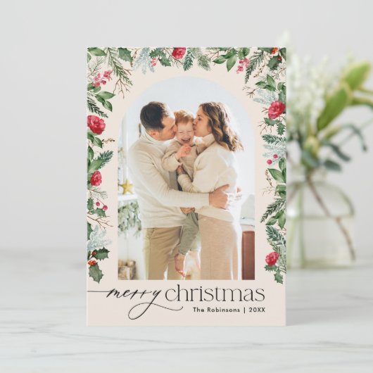 Boho botanische boog 1 foto Vrolijk kerstfeest Feestdagenkaart (Staand voorkant)