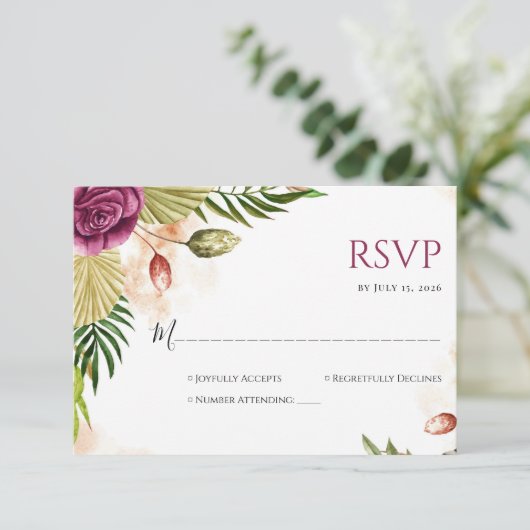 Boho Botanische Elegantie Huwelijks RSVP Kaart (Staand voorkant)