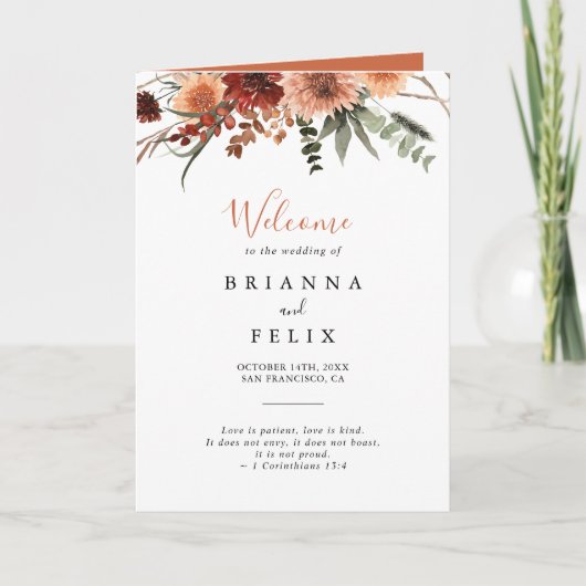 Boho botanische herfst Floral vouwde bruiloft Programma (Voorkant)