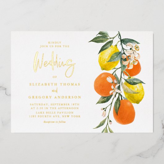 Boho Botanische Lemons en Sinaasappels Garland Wed Folie Uitnodiging (Voorkant)