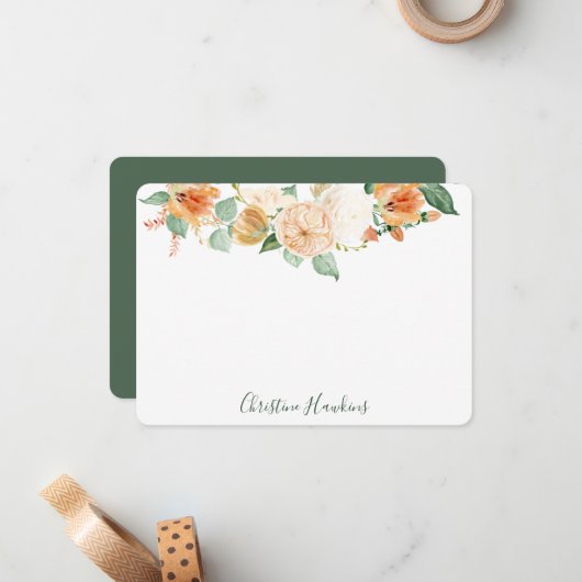 Boho Botanische Peach Waterverf Aangepast Notitiekaartje (Voorkant / Achterkant in situ)