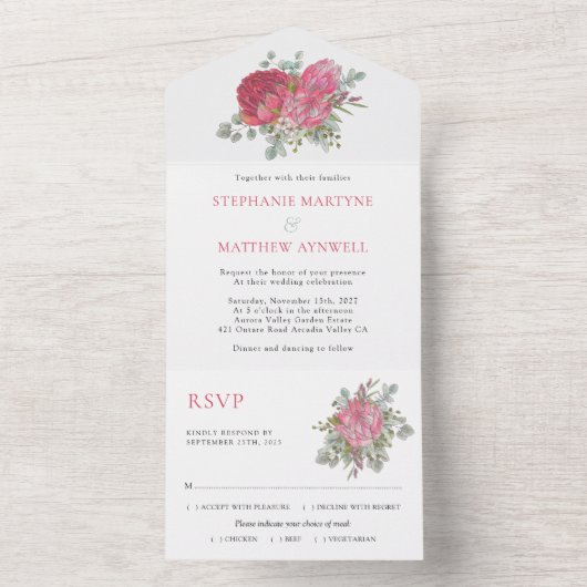 Boho Botanische Protea Eucalyptus Wedding All In One Uitnodiging (Binnen)