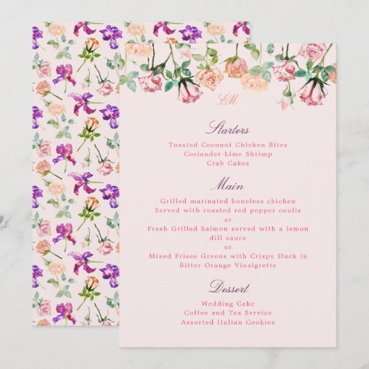 Boho Botanische Romance Waterverf Rozen Menu (Voorkant / Achterkant)