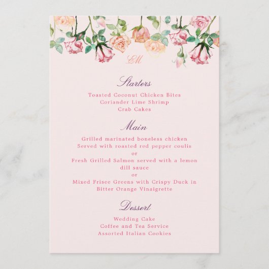 Boho Botanische Romance Waterverf Rozen Menu (Voorkant)