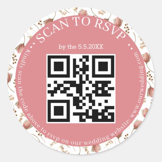 Boho Botanische RSVP QR Code Bruiloft Ronde Sticker (Voorkant)