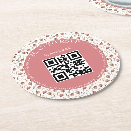 Boho Botanische RSVP QR Code Bruiloft Stijlvol Ronde Kartonnen Onderzetter (Gebogen)