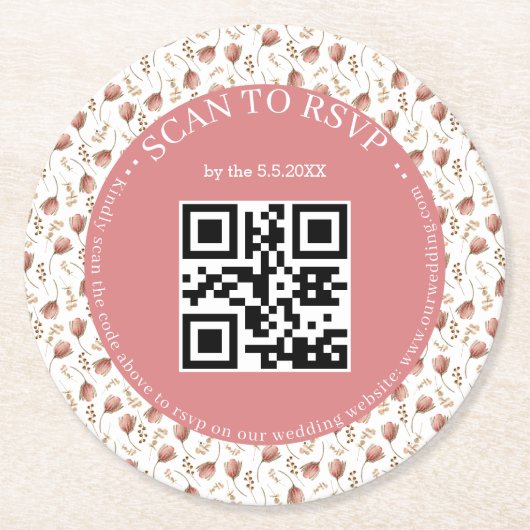 Boho Botanische RSVP QR Code Bruiloft Stijlvol Ronde Kartonnen Onderzetter (Voorkant)