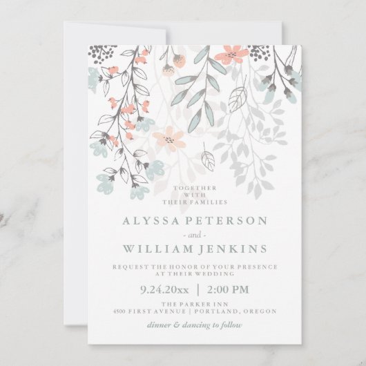 Boho Botanische Rustieke Bruiloft in Koraal en Gri Kaart (Voorkant)