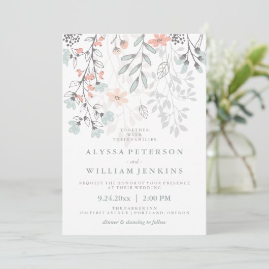 Boho Botanische Rustieke Bruiloft in Koraal en Gri Kaart (Staand voorkant)