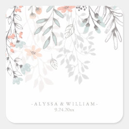 Boho Botanische Rustieke Bruiloft in Koraal en Gri Vierkante Sticker