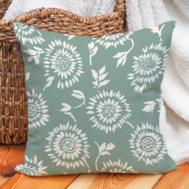 Boho Botanische Saliegroene Crème Zonnebloemen Kussen (Boho Botanical Sage Green Cream Sunflowers Throw Pillow)