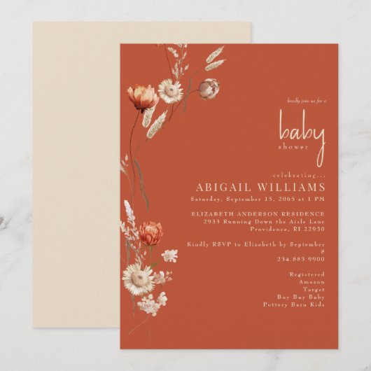 Boho Botanische Terracotta & Cream Baby shower Kaart (Voorkant / Achterkant)